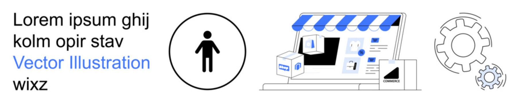 E-commerce, online shopping, business automation, digital marketing, user interaction, technology. A storefront with user icon and gears. E-commerce and business automation concept