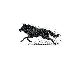 Fototapeta premium Wolf running depicted with geometric shattered glass fragments illustrates a powerful dynamic motion captured in a stark black and white artistic style that suggests speed and wild animal energy.