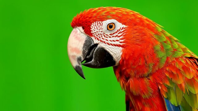 Close-Up View of a Vibrant Scarlet Macaw Parrot with Striking Red and Green Plumage Against a Bright Green Background