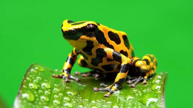 Close-Up View of a Vibrant Yellow and Black Spotted Poison Dart Frog on a Green Leaf in Tropical Rainforest