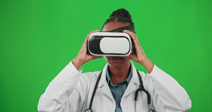 Doctor, green screen or black woman in vr 3d glasses for medical, digital research or online technology. Metaverse, data or nurse on mockup space for healthcare clinic information in virtual reality