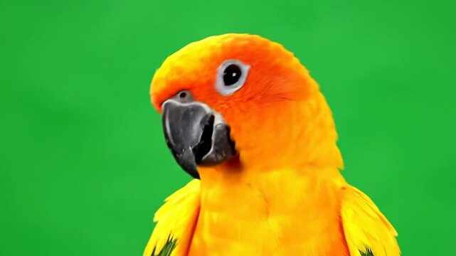 Close-Up View of a Vibrant Yellow Parrot with Orange Accents Against a Green Background for Visual Effects