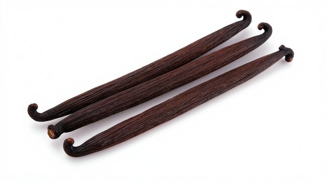 Three ripe vanilla beans lay on a clean white surface. Dark brown pods show textured exteriors. Simple food ingredient for sweet baking and flavors.