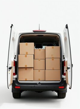 White delivery van with open rear doors reveals stacked cardboard boxes. Cargo vehicle ready for transport. Logistics and shipping solution for commerce.