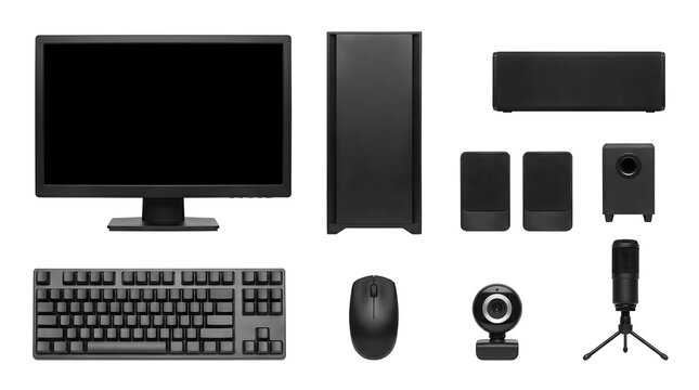 Professional black desktop computer hardware set isolated on white background. Complete gaming and home office workstation equipment kit with monitor, tower, keyboard, mouse, and audio gear.