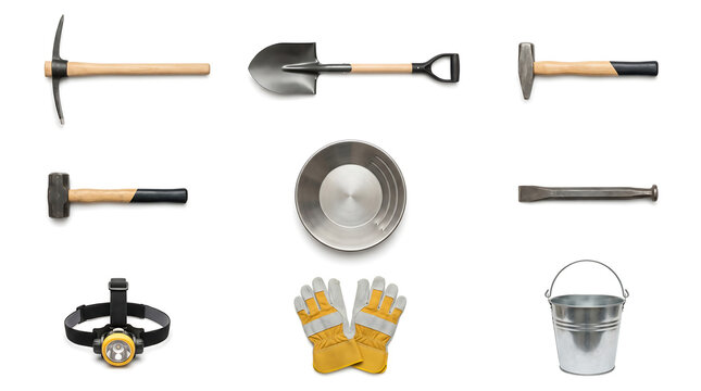 Set of gold mining and prospecting tools isolated on white background including pickaxe, shovel, gold pan, and work gear for treasure hunting and industrial manual labor concepts.