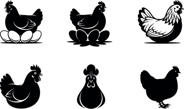 Chicken and hen silhouette vector illustration set, farm poultry icons collection with eggs and different poses isolated on white background