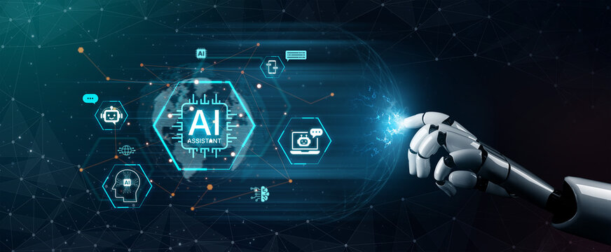Global AI Assistant network and digital AI connectivity nodes on world globe cyberspace background, futuristic AI technology connected ecosystem. Neural network AI machine learning system. Corpus