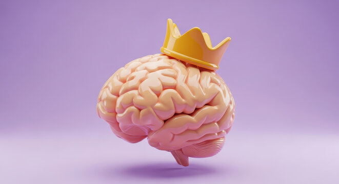 Human brain wearing crown symbolizing intelligence knowledge leadership and winning mindset