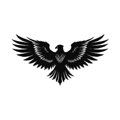 Fototapeta premium Eagle silhouette depicted with expansive wings outstretched in a symmetrical display, representing power and freedom through a sharp black ink style design isolated on a clean white background.