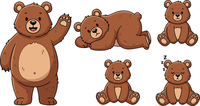 Cute bear cartoon character set with different poses including waving, sitting, sleeping, and relaxing, adorable animal collection for kids design, stickers, and illustration use