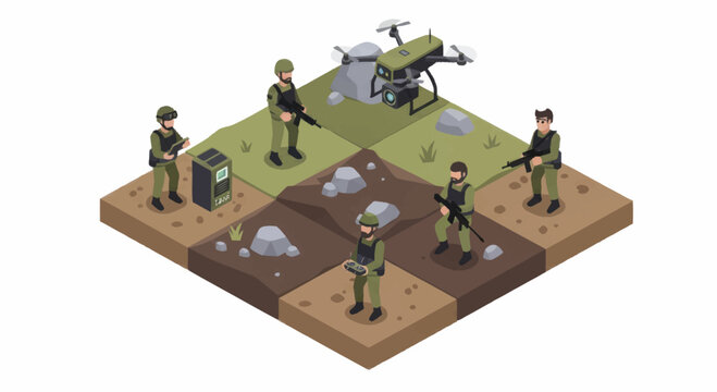 Modern Military Soldiers and Drone Technology in Combat Scenario.