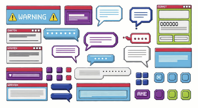 Retro Pixel Art UI Elements and Chat Bubbles for Digital Design.