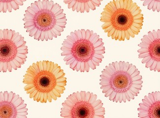 Fototapeta premium Soft watercolor gerbera flowers in pink, orange hues create charming seamless pattern. Delicate petals offer gentle, fresh aesthetic for decorative purposes. This design feels tranquil, romantic.