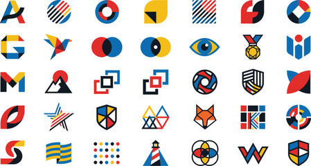 Fototapeta premium Large Set of Modern Geometric Logo Icons Featuring Abstract Symbols Such as Bird, Eye, Shield, Lighthouse, Fox, and Mountain for Corporate Branding and Creative Identity.