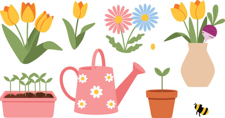 Gardening elements illustration set with flowers, watering can, seedlings, and potted plants, colorful spring collection for garden design, hobby, and nature themed graphics use © Sumon Creative