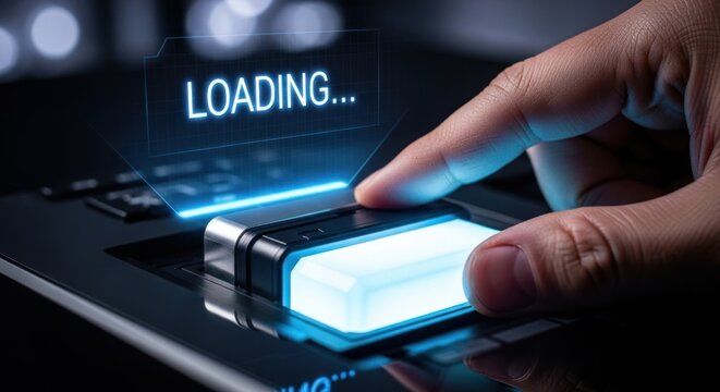 Human finger pressing glowing futuristic blue button with loading screen, for digital progress, technological advancement, system activation, start new process