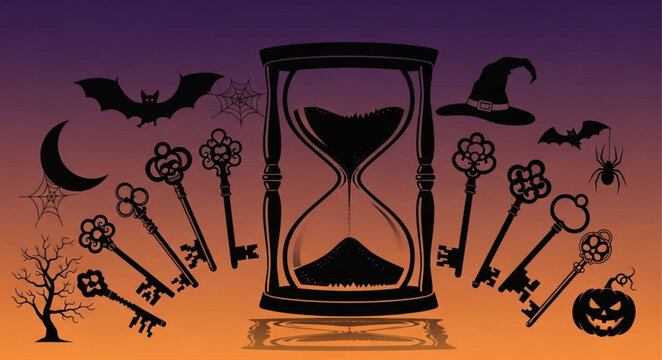 Halloween hourglass with keys and spooky elements.