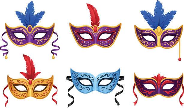 Venetian carnival mask illustration set with colorful decorative designs and feathers, festive masquerade collection for party, festival, costume, and celebration graphics use