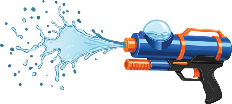 Water gun toy illustration spraying splash, colorful summer play equipment for kids outdoor fun, beach party, and seasonal activity design use