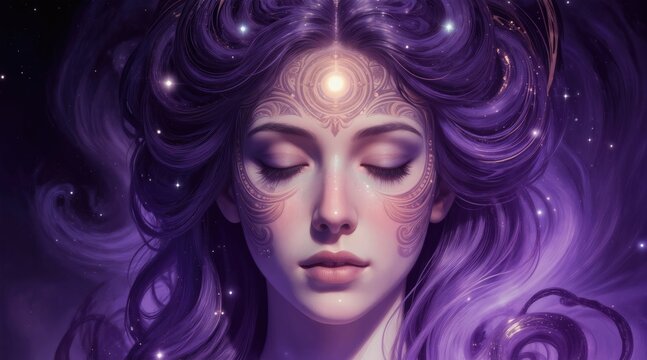 Woman with closed eyes and glowing third eye on forehead. Mystical face with purple cosmic nebula hair. Spiritual psychic awakening, inner peace and divine wisdom.