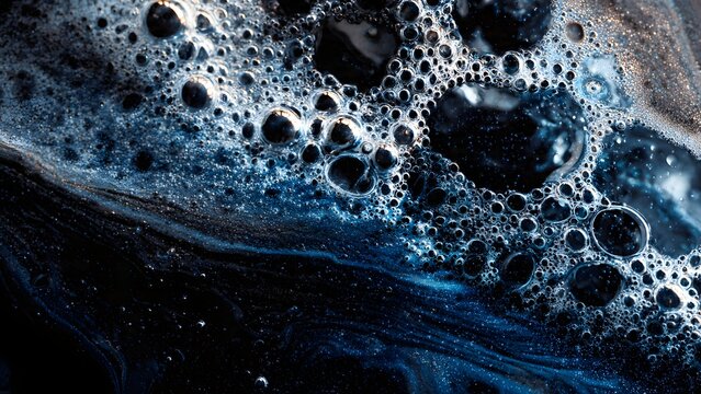Abstract blue background of macro liquid bubbles and clear water drops creates a wet nature texture design with a close-up of a microscope pattern