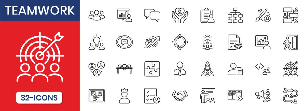 Teamwork Collaboration Thin Line Icon Set