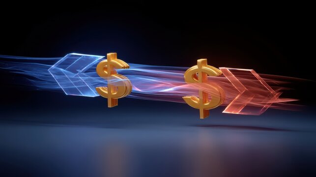 Two golden dollar signs face each other with dynamic blue and red arrows moving towards them on a dark background, symbolizing financial competition or exchange.