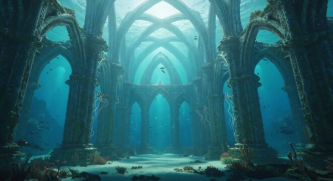 Ilustra&ccedil;&atilde;o de um pal&aacute;cio subaqu&aacute;tico com arcos que transmitem luz e serenidade em um ambiente aqu&aacute;tico.