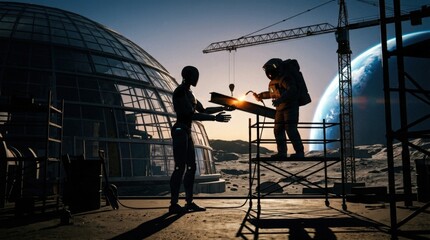 Fototapeta premium Astronaut & Robot Building Lunar Base Habitat on Moon Future Space Exploration Concept