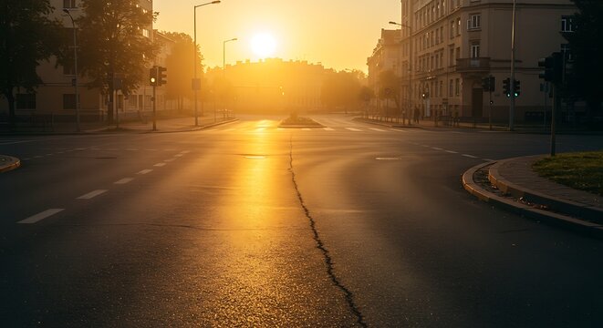 Rua vazia da cidade iluminada pela luz do sol da manh&atilde; e um brilho dourado.