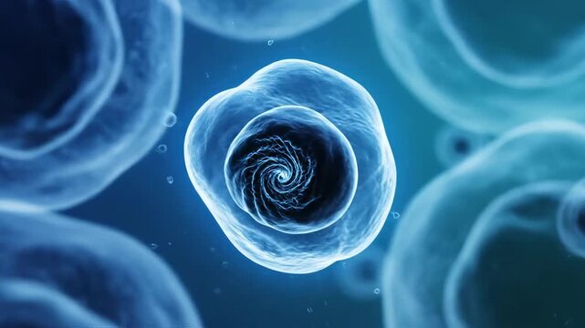 Cellular structure with glowing nucleus highlighting geometric patterns and contemporary art