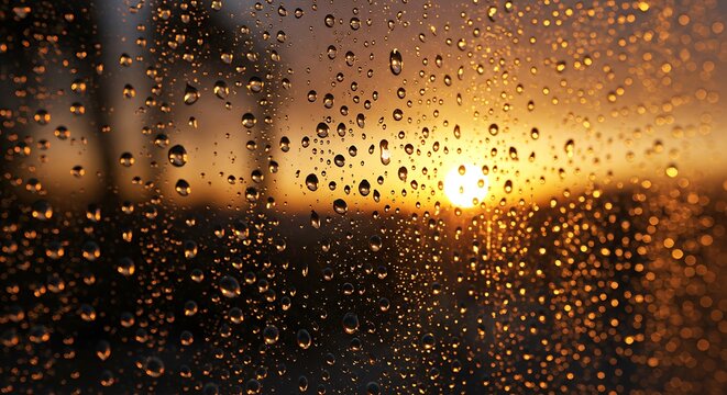 Gotas de chuva em vidro com um p&ocirc;r do sol dourado ao fundo.
