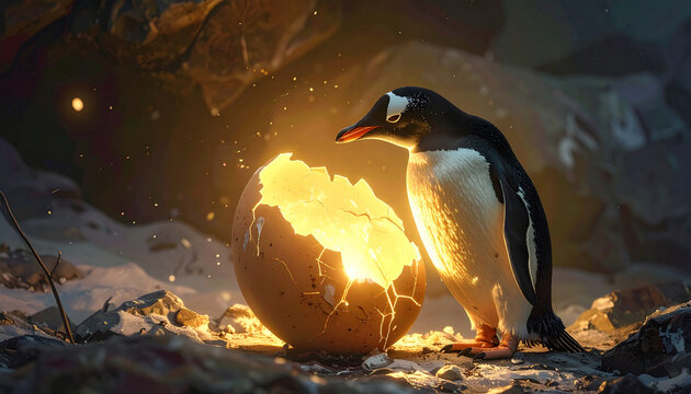 Pinguim com ovo brilhante