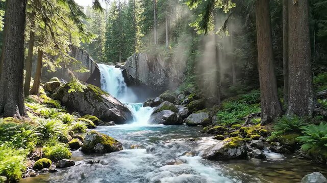 Waterfall in forest with stream symbolizing exploration and the great outdoors