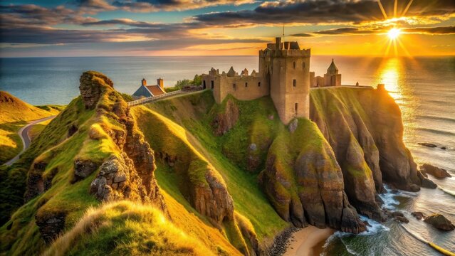 A closeup of Dunnottar Castle bathed in morning sunlight through ancient stone walls and towers, golden rays illuminating the historic structures in