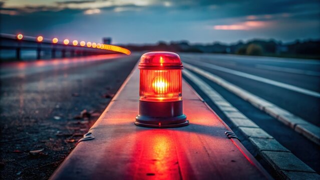 A photo of a blinking red warning light on a deserted highway at night, casting eerie shadows across the asphalt