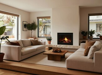 Fototapeta premium Modern living room with fireplace and cozy sofas. Natural light streams through large windows. Comfortable seating area with plants. Home interior design with modern furniture.