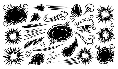 Bold Comic Boom Explosion and Speed Motion Elements Flat Black Vector Set © MstBrishti