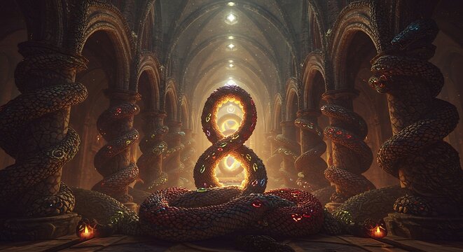 Um misterioso s&iacute;mbolo do infinito iluminado em um grande corredor com luz quente.