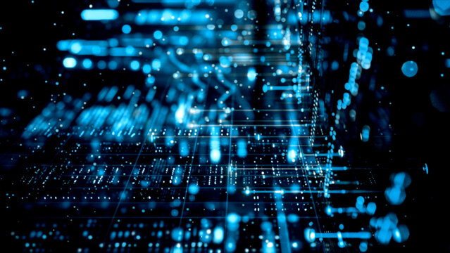 Abstract technology background with binary code featuring a blue digital pattern and glowing futuristic data motion for a creative computer wallpaper design