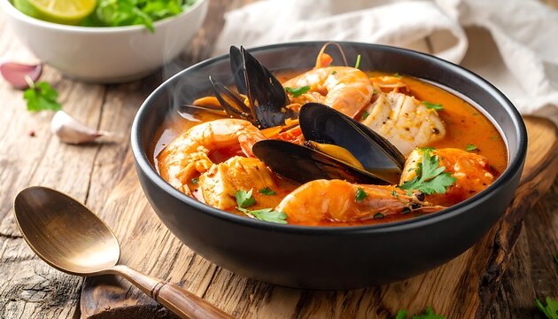 A bowl of seafood soup with shrimp and mussels on a wooden table
