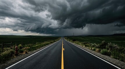 Naklejka premium Storm clouds over empty asphalt road stretching through green rural landscape during rain.