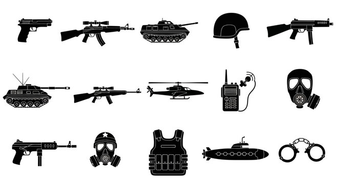 Military equipment icons in black silhouette style