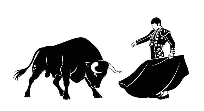 Matador facing aggressive bull in silhouette graphic