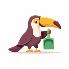Fototapeta premium Cartoon Toucan Holding a Green Dustpan