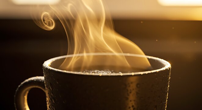 X&iacute;cara de caf&eacute; fumegante com vapor em espiral sob a luz quente do sol da manh&atilde;.