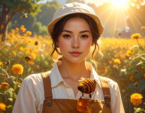 Mulher com abelha e campo de flores