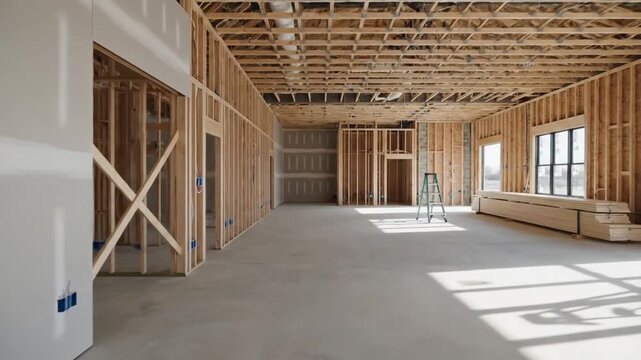 Construction Progress of a Modern Wooden Interior Residential Space with Large Windows
