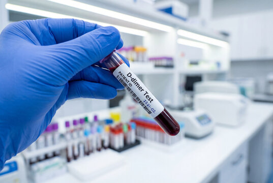 Medical professional in blue glove holding d dimer test blood sample tube